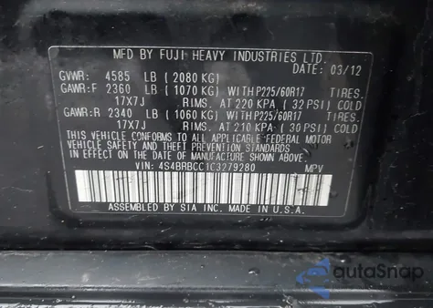 2012 Subaru Outback 2.5I Premium from USA, damaged, VIN 4S4BRBCC1C3279280